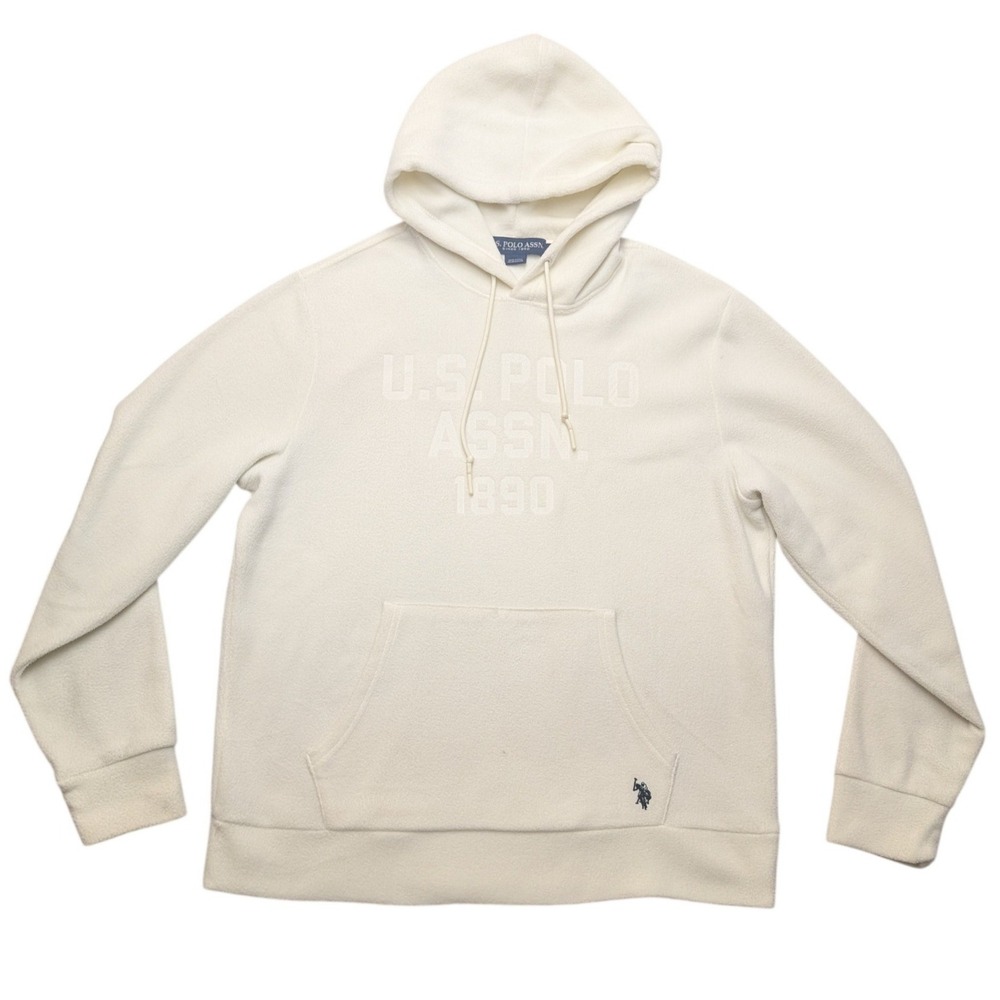 US Polo Assn Fleece Hoodie Mens Large Cream Logo Pullover Long Sleeve Pocket